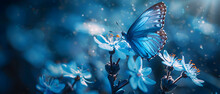 A Butterfly Is Resting On A Blue Flower. The Image Has A Serene And Peaceful Mood, As The Butterfly Is Surrounded By A Beautiful Blue Flower