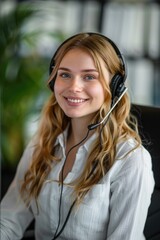 Wall Mural - A woman wearing a headset sitting in front of a computer. Suitable for business or technology concepts