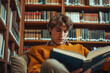 young man or student reading a book in the library with concentration