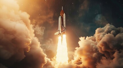 Poster - A space shuttle taking off into the sky. Suitable for science and technology concepts