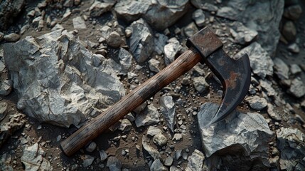 Poster - A hammer resting on a stack of rocks. Ideal for construction projects