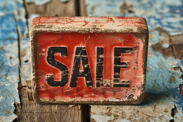 Poster - A red sale sign placed on a wooden table, perfect for advertising promotions and discounts