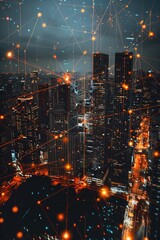 Aufkleber - Cityscape at night with intricate network of lines, suitable for technology or urban themes