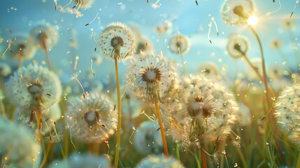 Poster - A bunch of dandelions blowing in the wind. Suitable for nature and spring themes