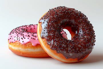 Wall Mural - Pink Glazed and chocolate two Donut Isolated on a White table Background