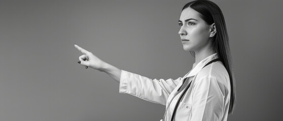 Aufkleber - A woman in a lab coat pointing at something, perfect for science or education concepts