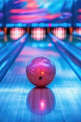 Poster - Bowling ball on top of a bowling alley lane. Suitable for sports and leisure concepts