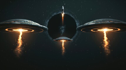 Poster - Group of spaceships flying through the air, suitable for science fiction themes