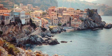 Poster - A picturesque view of buildings on a large body of water. Perfect for travel brochures or cityscape websites