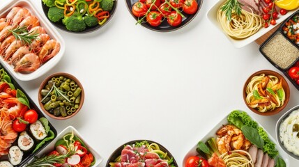 Poster - A diverse selection of food items on a white table. Ideal for food bloggers or restaurant menus