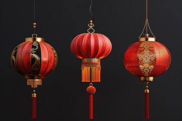 Poster - Three elegant lanterns hanging from strings. Perfect for Chinese New Year celebrations