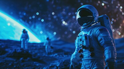 Poster - Astronaut in space suit standing in front of a planet, suitable for science fiction concepts