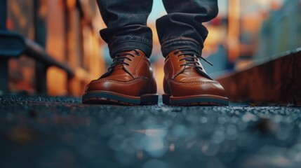 Wall Mural - Close up of a person wearing brown shoes, suitable for fashion or footwear concepts