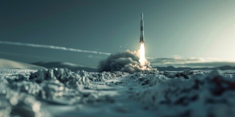 Poster - A rocket launching into the sky with smoke coming out of it. Ideal for technology and innovation concepts