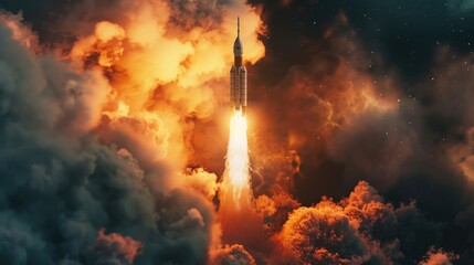 Poster - A space shuttle soaring through the cloudy sky. Ideal for aerospace and technology concepts