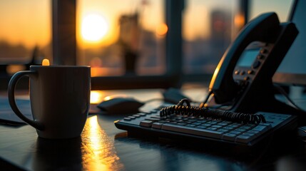 Poster - Coffee cup sitting on desk next to phone, suitable for office or work concept