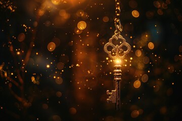 Poster - A golden key hanging from a chain. Suitable for various concepts and designs