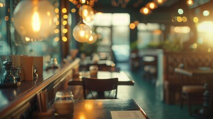 Poster - Interior of a restaurant with tables, chairs, and lights. Suitable for restaurant and hospitality industry concepts