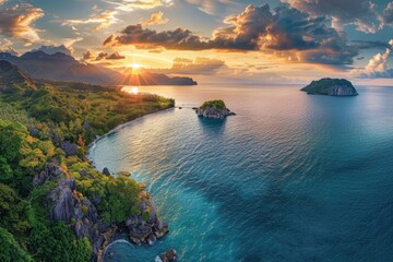 Aufkleber - Beautiful sunset over the water near a small island, perfect for travel and nature concepts