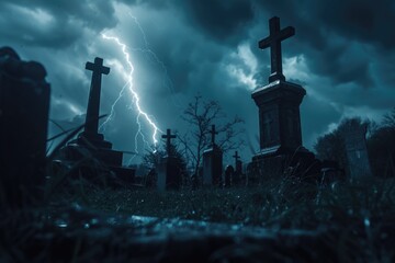 Wall Mural - A spooky cemetery with a dramatic lightning bolt in the background. Perfect for Halloween-themed projects