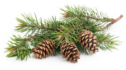 Poster - A branch of pine with cones on a white background. Perfect for winter and nature themes
