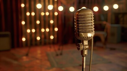 Poster - An old fashioned microphone with colorful lights in the background. Perfect for music events and retro themes