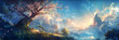 Panoramic fantasy landscape with a majestic tree - This fantasy image showcases a sprawling landscape under a sky filled with clouds and flying petals, centered around a grand tree