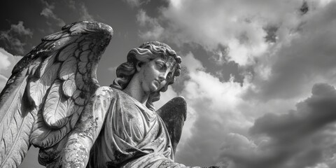 Poster - A black and white photo of a serene angel statue. Suitable for various design projects