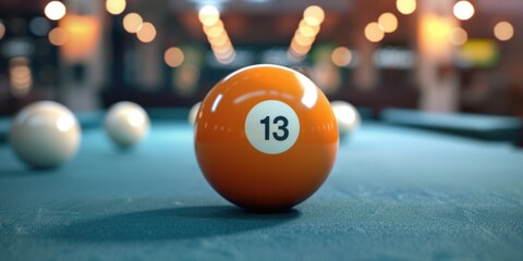 Poster - An orange pool ball on a green pool table, perfect for sports and recreation concepts