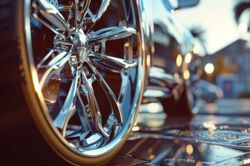 Poster - Detailed view of a car tire on a rain-soaked road. Perfect for automotive or weather-related designs