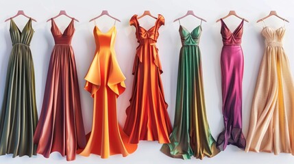 Poster - Row of different colored dresses hanging on a rack. Perfect for fashion blogs or clothing advertisements