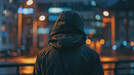 Poster - Person standing in the rain at night, suitable for weather or loneliness concept