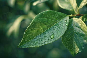 Poster - Close up of a leaf with water droplets, perfect for nature backgrounds