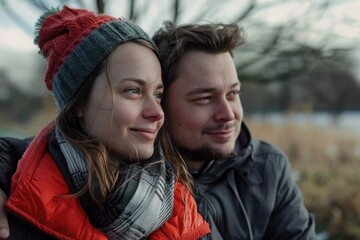 Poster - A man and a woman sitting next to each other. Suitable for various concepts and themes