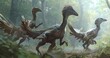 Velociraptor pack strategizing, dynamic and cunning, feathers subtly detailed. 