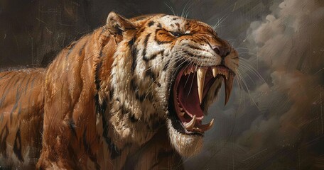 Sticker - Sabre-toothed tiger in a stalking pose, fangs bared, fierce and majestic. 