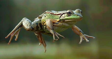 A frog mid-leap, legs extended, capturing the action of jumping.