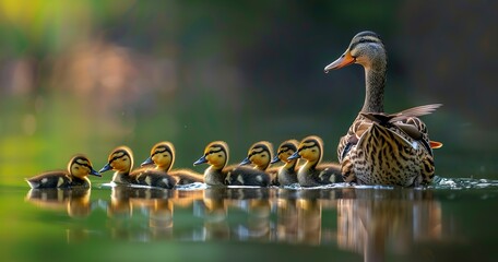 Wall Mural - mother duck leading her ducklings in a row, exemplifying parental guidance.