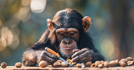 Wall Mural - monkey using tools, focused on cracking nuts, intelligence and problem-solving highlighted.