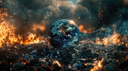 Poster - The Earth engulfed in flames, suitable for climate change or disaster concepts