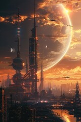 Poster - A modern cityscape at night, perfect for technology and urban concepts