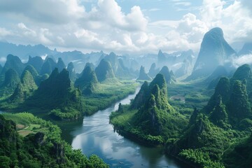 Poster - Scenic view of a river flowing through a vibrant green valley. Suitable for nature and landscape themes