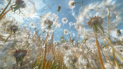 Poster - A bunch of dandelions blowing in the wind, suitable for nature-themed designs