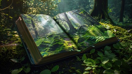 Poster - An open book placed on top of a lush green forest. Perfect for educational or nature-themed designs