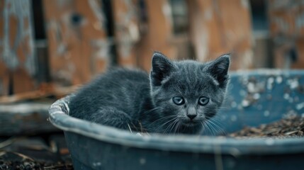 Wall Mural - Adorable gray kitten sitting in a blue bowl, perfect for pet and animal themed designs