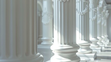 Poster - A row of white columns with a clock on each one. Ideal for architectural and time management concepts