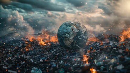 Poster - A globe surrounded by trash, environmental concept. Suitable for environmental awareness campaigns