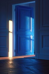 Poster - A blue door is open in a dark room. Suitable for real estate or mystery themes