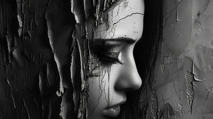 Wall Mural - A minimal and surreal photo with a palette of black, white, and grey, and with random vertical scratches on the surface, inspired by pop surrealism. The subjects is women in pain, and the mood is othe