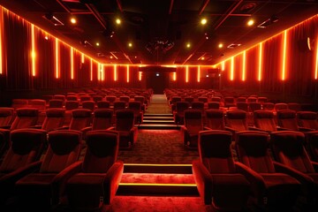 Poster - Rows of red chairs in a theater setting, suitable for entertainment industry promotions